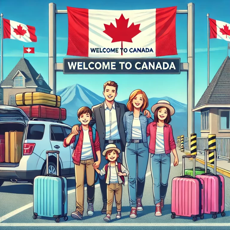 A-scene-depicting-an-American-family-with-suitcases-and-backpacks-crossing-a-border-checkpoint-into-Canada.-They-look-happy-and-excited-with-Canadian flag